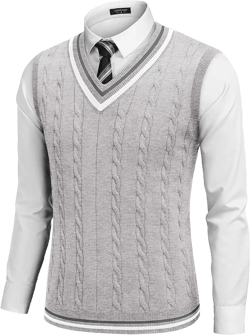 COOFANDY Men's Sweater Vest V Neck Casual Sleeveless Pullover Striped Cable Knit Sweater Vest