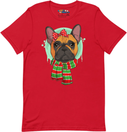 Frenchie in Christmas Scarf Unisex Tee | Red & White Colored Female