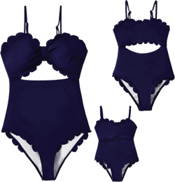 IFFEI Mommy and Me Swimsuits Family Matching Swimwear Women's One Piece Cutout Scallop Trim Monokini Bathing Suits Girls: 8-9 Years Navy Blue