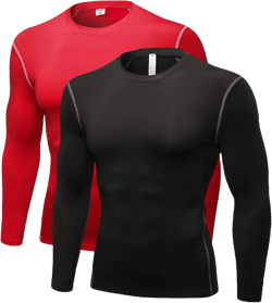 Men's Compression Long Sleeve Shirts, Cool Dry Sport Workout Underwear Shirt Athletic Baselayer Running Tops 1/2 Pack 2pcs, Black+red Medium