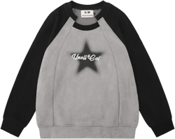 Men Hoodie Raglan Sleeve Crew Neck Pullover Sweatshirt Stitching Five-Pointed Star Printed Spring and Autumn Loose Top