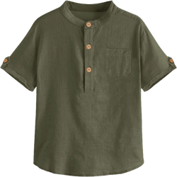 Boys Short Sleeve Henley Shirt Button Up Linen Cotton Dress Shirts Tees Tops with One Pocket 5-6 Years Army Green