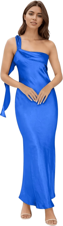 One Shoulder Flutter Bridesmaid Dresses Satin Maxi Wedding Guest Dresses Ruffles for Women Formal Gowns GL0051 Blue 2