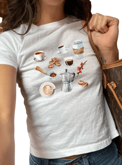 Graphic Baby Tee Coffee. Y2K aesthetic scrapbook collage style shirt. Coffee shirt. Retro Graphic Top for women