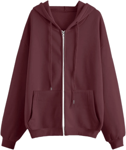 Fall Sweatshirts for Women Zip Up Hoodies Y2K Oversized Sweatshirt Clothing Casual Drawstring Jacket with Pockets​ Wine Small