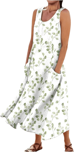 Sundresses for Women Floral Printed Sleeveless Sundresses Pockets a Line Beach Dress Casual Loose Tank Dresses 3-white Medium
