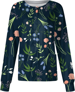Women Snap-Front Scrub Jacket Long Sleeve Warm Up Flower Printed Scrubs Tops Stand-up Collar Nurses Working Uniforms #20 Small