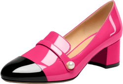 AUMOTED Women's Block Heels Pumps Slip On Chunky Low Heels Round Cap Toe with Pearl Pumps for Wedding Party Office Classic Patent Leather Dress Shoes 2 Inches 10.5 Black Hot Pink