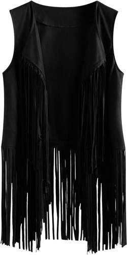 Womens Tassel Vest 70s Hippie Faux Suede Sleeveless Fringe Jacket Vintage Open Front Cardigan Waistcoat Outwear Tops XX-Large Black