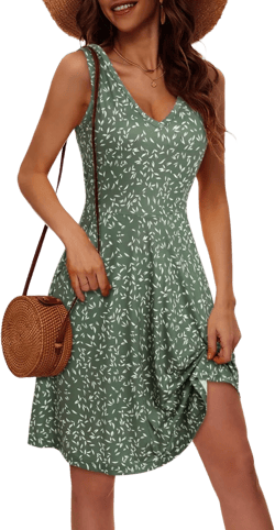 HUHOT Womens Sleeveless V Neck Dress with Pocket Summer Beach Midi Flared Tank Dress Medium Green Floral-93