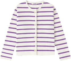 Women's Striped Cardigan Sweater Trendy Long Sleeve Button Down Crewneck Knit Cardigans(Purple+White, Medium)