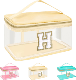Personalized Initial Letter Patch Clear Makeup Bag,Cute Preppy Chenille Letter Travel Cosmetic Bag with Handle,Nylon Toiletry Bag Handbag,Large Make up Storage Zipper Pouch for Women,H