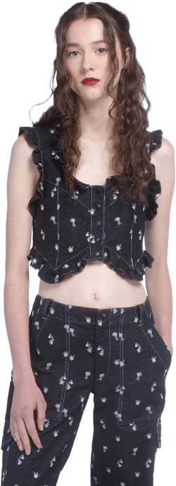Denim Embroidered Roses Cropped Vest