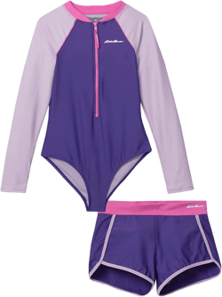 Eddie Bauer Girls' Rash Guard Set - Quick Dry Swim Shorts and UPF 50+ Long Sleeve One-Piece Swimsuit for Girls (S-XL), Size X-Small, Liberty: Clothing, Shoes & Jewelry