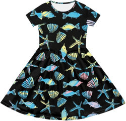 COEQINE Toddler Dress Size 2-14T,Summer Short Sleeve Dressy with Pocket for Home Casual Travel Birthday Party 9-10 Years Neon Black Blue Sea Animal