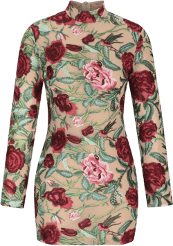 Mini Dress for Women Floral Embroidered Long Sleeve Bodycon Party Dress Sexy Mesh Sheer Fitted Evening Dresses Medium Red*1