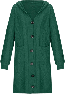 Hooded Cardigan Sweater for Women Fall Winter Cable Knit Coat Button Down Chunky Long Coats with Pocket Green 3X-Large