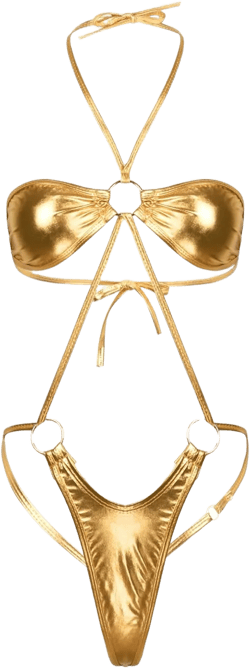 Sywiyi Women Shiny Metallic Sling Shot Trikini Swimsuit Halter Neck Lace-up Thong Bodysuit Bikini Lingerie One Size Gold
