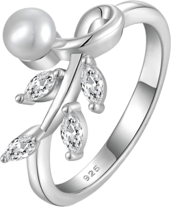 Women Pearl Ring 925 Sterling Silver 3A Cubic Zirconia 9mm Freshwater Pearl Cross Ring for Women leaf 12