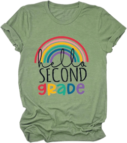 FORHVIPS Hello Second Grade T Shirt Women Rainbow Graphic Tees Short Sleeve 2nd Grade Teacher Gifts Shirt Large Green