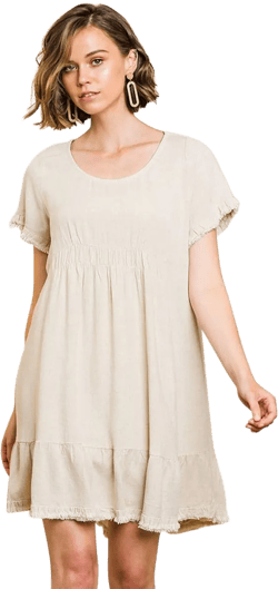 Umgee Women's Short Sleeve Round Neck Ruffle Trim Dress with Frayed Edges