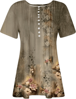 Button Up Womens Tunic Tops to Wear with Leggings Bell V Neck Short Sleeve Floral Print Summer Henley Shirts