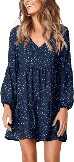 Amoretu Womens Tunic Dress Long Sleeve V Neck Casual Loose Flowy Swing Shift Dresses Large Polka Dot Navy