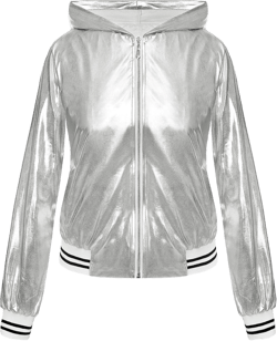 Women Silver Metallic Holographic Glitter Jacket Sparkly Zipper Hooded Concert Rave Party Bomber Jackets with Pocket
