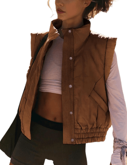 SKIKYAN Women Quilted Puffer Vest Button Down Scrunch Sleeveless Winter Stand Collar Padded Gilet with Pockets Large Brown