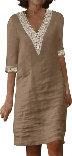Linen Dresses for Women 2024 Summer 3/4 Sleeve Lace Embroidered V Neck A Line Dress Sexy Beach Vacation T Shirt Dress Small C-khaki