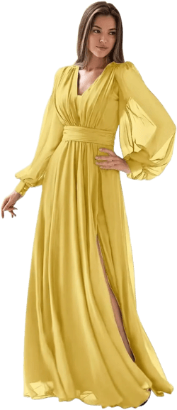 Yellow-b Bridesmaid Dresses for Women Long Sleeve Chiffon Prom Dresses for Wedding Guest with Split 14