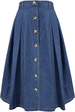 Women’s Midi Pleated Jean Skirt High Elastic Waist A-line Button Front Casual Flared Long Denim Skirts for Women with Pocket