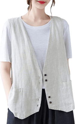 Bozanly Women's Sleeveless Button Down Vest Casual V Neck Cotton Linen Blazer Jacket with Pockets Beige Small