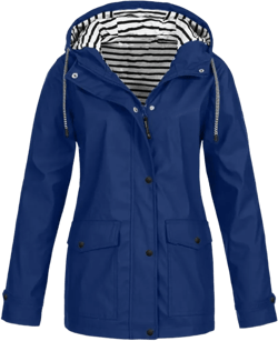Rain Jacket Women Waterproof Trendy Hooded Striped Lined Long Sleeve Raincoats Casual Lightweight Outdoor Trench Coat A01 Blue X-Large
