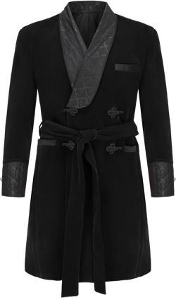 Men's Long Velvet Smoking Robe Double Breasted Jacket Blazer with Belt for Dinner Wedding Party Black 44