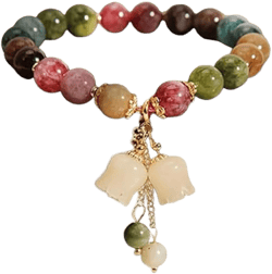 Aphro Natural Colored Tourmaline Bracelet, Lily of The Valley Bracelet, Crystal Beaded Flower Charm Bracelet, Hand Carved Lily of the Valley Flower Bracelet, Good Luck Bracelets for Women (#1)