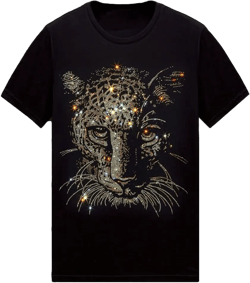 HZCX FASHION Mens Womens Sparkly T Shirt Rhinestone Short Sleeve Rock Festival Bling Gemstone Tshirt Cotton Graphic Tees Women Small Leopard Black