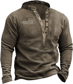 Parise Graphic Tees Fashion USA Flag Logo Henley Shirts for Men Vintage Banded Collar V Neck Button-Up Long Sleeve Tops with Zipper Pocket(Brown,X-Large)
