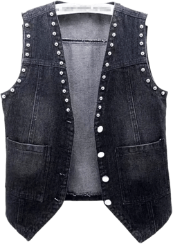 Jegsnoe Women Lace Beaded Denim Vest Fashion Sleeveless Top Loose Ripped Vest Waistcoat XX-Large Black