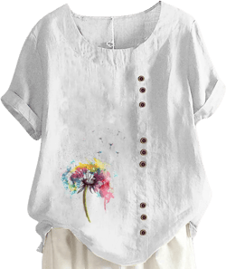 Tee Shirts for Women Fall Summer Short Sleeve Crewneck Linen Daisy Floral Loose Fit Long Tee Shirt Tops Women 2024 I-259 White Medium