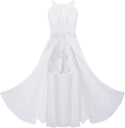 XUNZOO Kids Girls Floral Lace Sleeveless Chiffon Maxi Dress Sequins Wedding Party Ball Prom Bridesmaid Romper Gown 16 Years White
