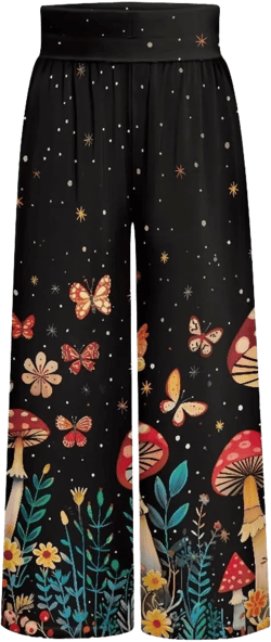 Women Wide Leg Pants Casual Sports Athletic Sweatpants Elastic Waistband Soft Business Palazzo Pants with Pockets Loose Fit Large Mushroom Butterfly