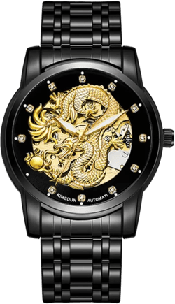 Weicam Men’s Luxury Mechanical Skeleton Automatic Self-Winding Stainless Steel Lumious Watch Dragon Carved Dial Diamond Business Watches Waterproof Wristwatch