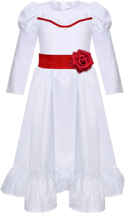 Horror Movie Annabelle Costume Adult Kids Anna Cosplay White Dress with Waistband Annabelle Wig Halloween Suits 3X-Large Women