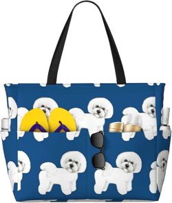Schnauzer Dog Large Capacity Waterproof Sandproof Beach Totes Bags,Pool Bag Travel Essentials With Zipper And Pockets Bichon With Blue Background One Size