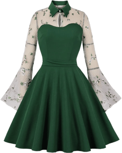 Wellwits Women's Floral Embroidery Mesh Bell Sleeve Christmas Dress