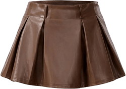 SweatyRocks Women's PU Leather A Line Mini Skirt Flared Hem Pleated Skirts with Shorts Large Brown