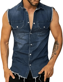 Mens Casual Stylish Ripped Lightweight Sleeveless Denim Shirt Slim Stretchy Trucker Sleeveless Jeans Tank Tops Cot Off Vests X-Large Blue