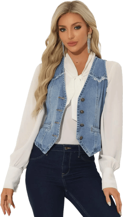 Allegra K Denim Vest for Women's Sleeveless V Neck Washed Distressed Jean Jacket X-Large Light Blue