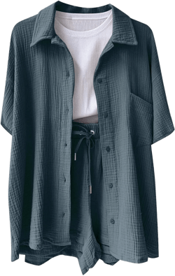 Women’s 2 Piece Lounge Tracksuit Outfit Sets Cotton Linen Button Down Shirt Jacket and Drawstring Casual Shorts Set D Navy X-Large
